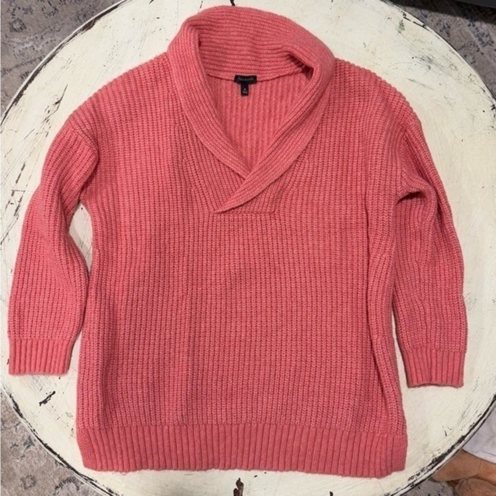 Talbots Shawl Collar Sweater Womens Medium Coral‎ Pink Shaker Stitch Wool Blend